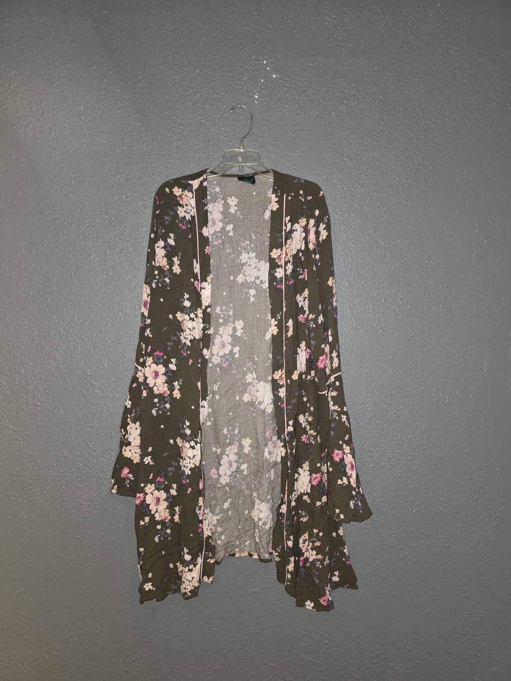 Rue21 Olive Floral Open-Front Kimono with Pink Flowers